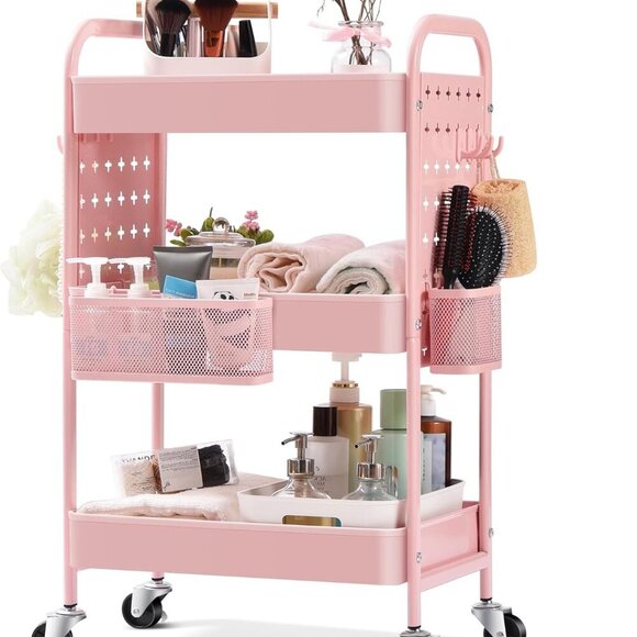 3-Tier Rolling Cart Metal Utility Storage Cart with DIY Pegboards Art Craft Tr